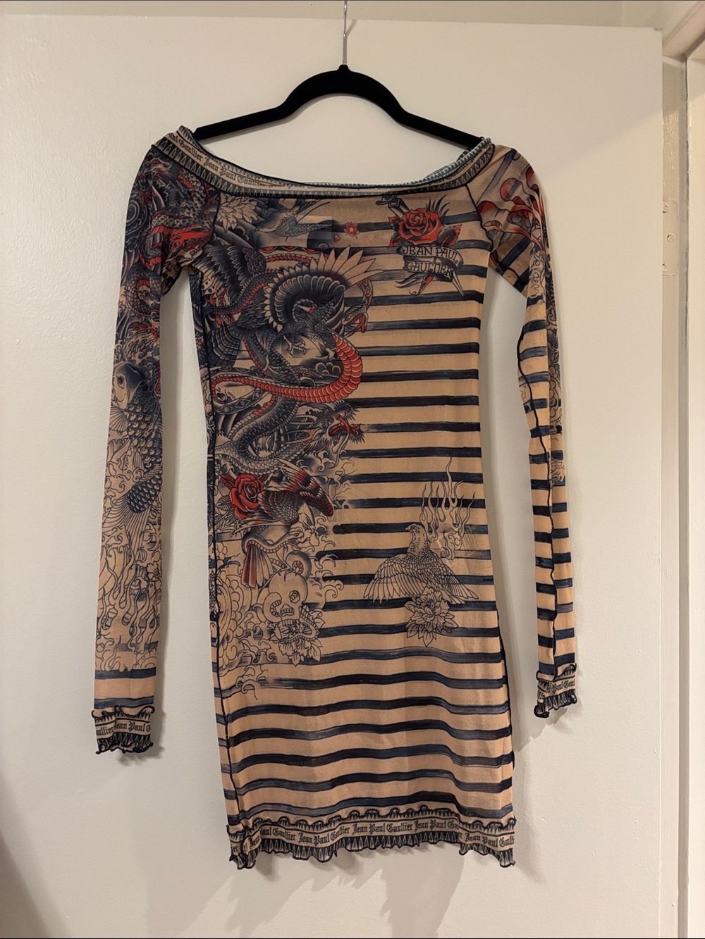 Jean Paul Gaultter Striped Print Long Sleeve Bodycon Dress in Beige and Black